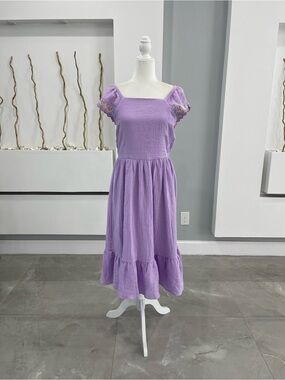 Lavender Square-Neck Midi Dress with Embroidered Puff Sleeves